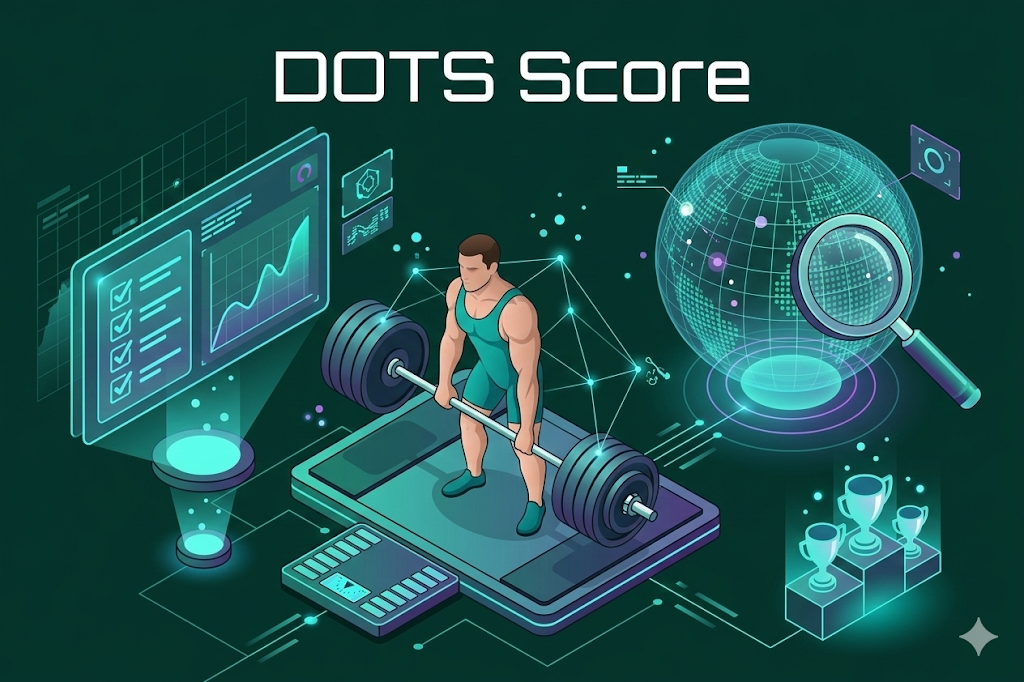 Screenshot of a powerlifting DOTS calculator interface with input fields for bodyweight and SBD total in kg and lbs.