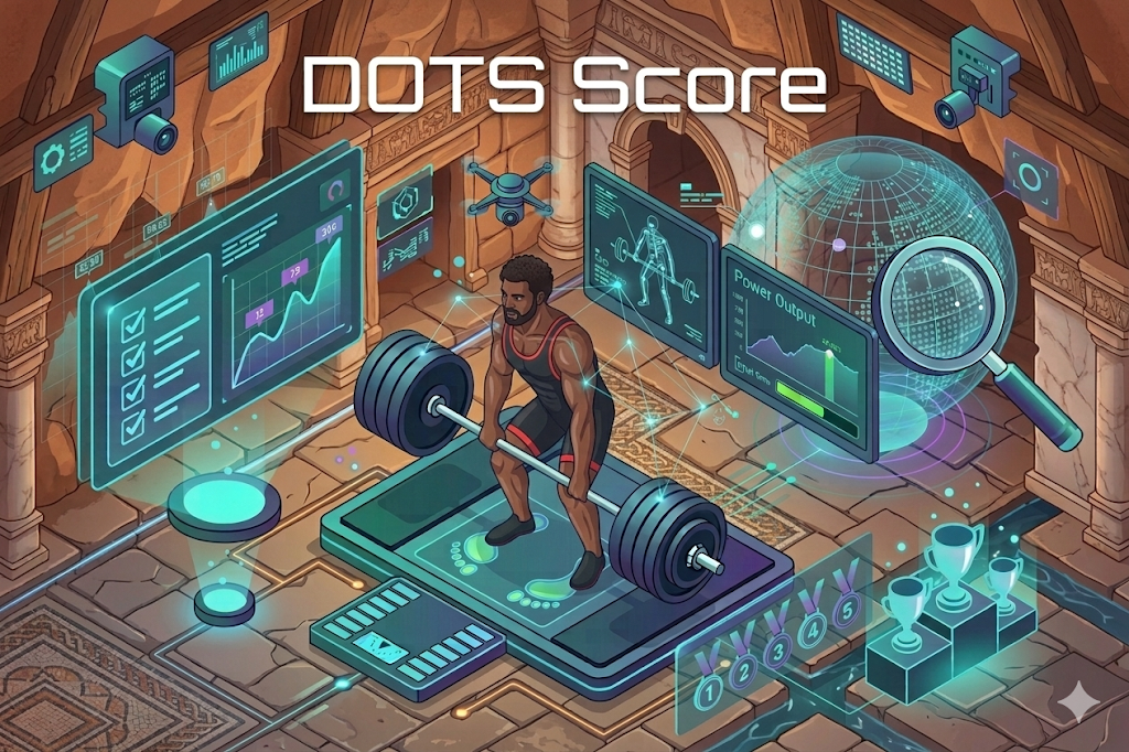 A powerlifter at an official USAPL weigh-in station recording bodyweight for DOTS coefficient calculation.